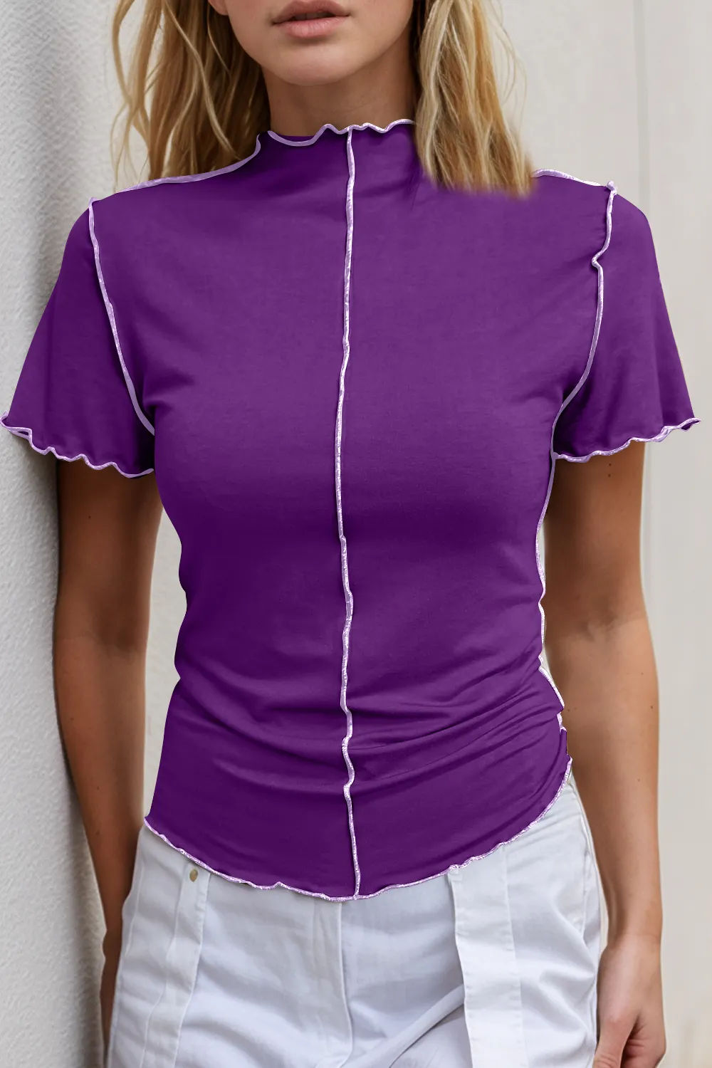Contrast Trim Mock Neck Short Sleeve T-Shirt, image 9