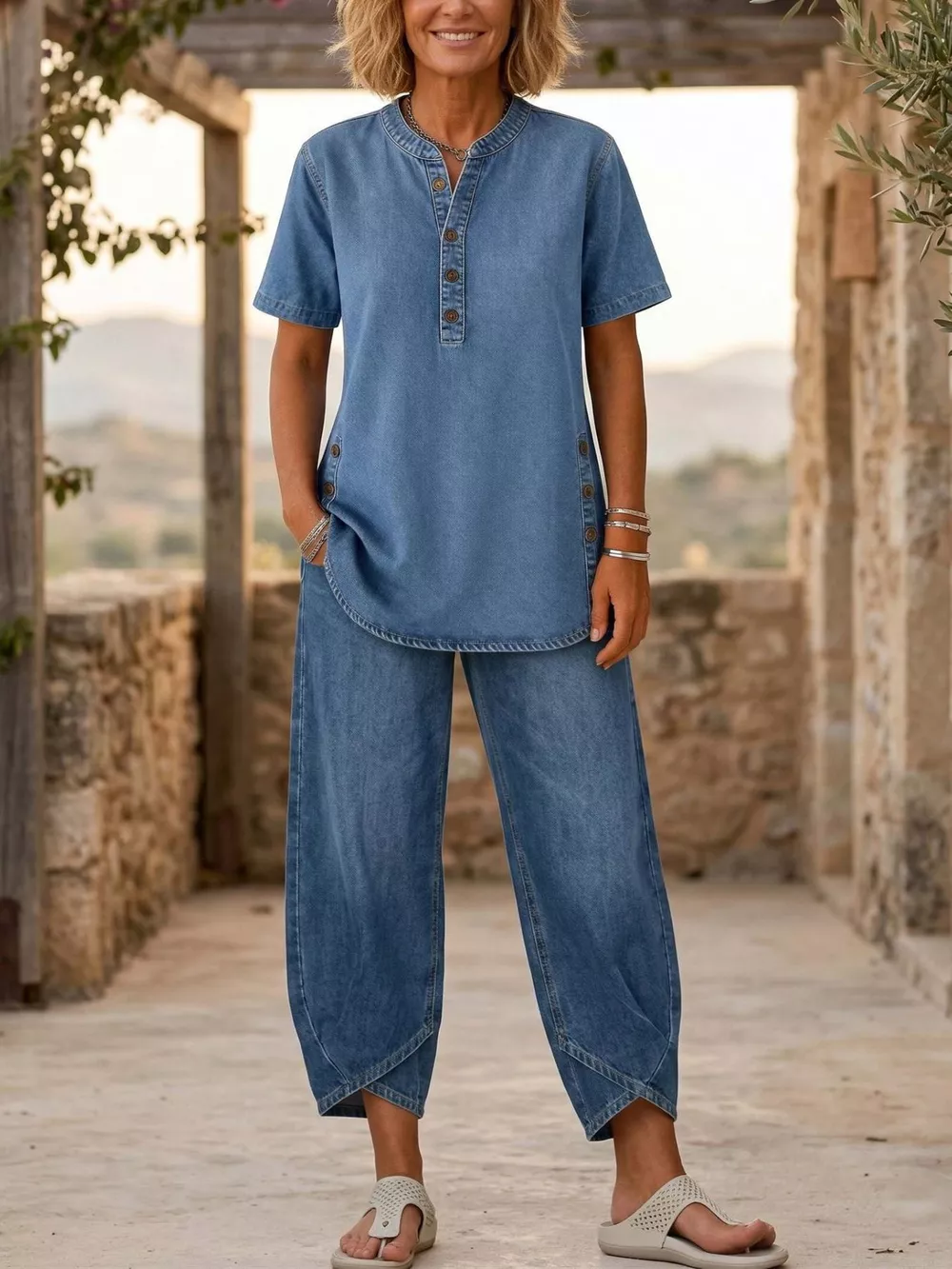 Full Size Casual Half-Button Top and Cropped Pants Denim Set Plus Size, image 7