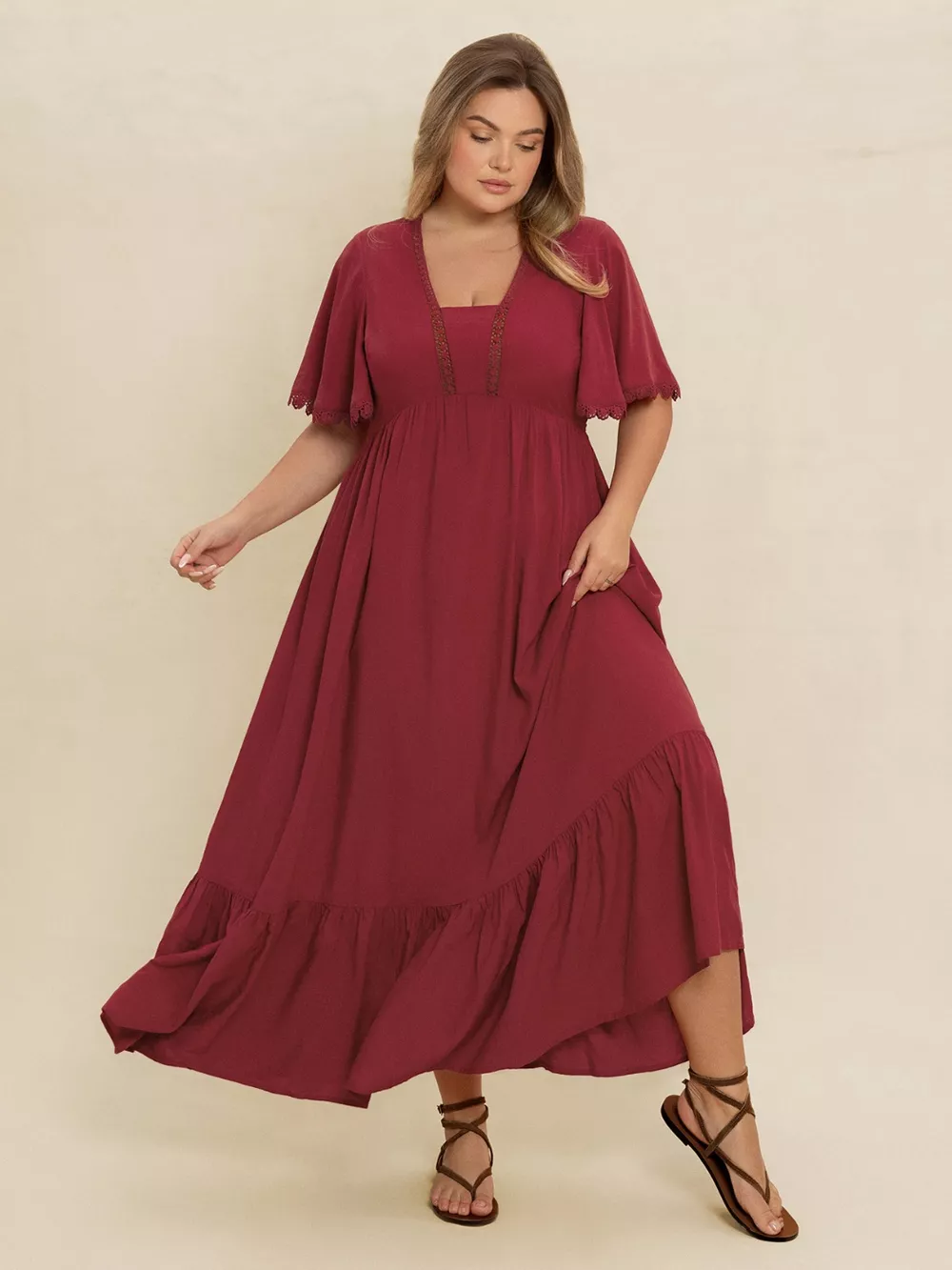 Plus Size Lace Detail Flutter Sleeve Maxi Dress, image 3