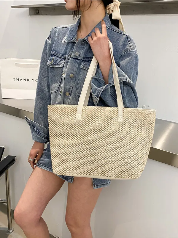 Solid Color Woven Tote Bag, image 4