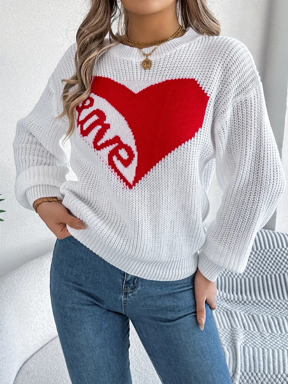 LOVE Heart Round Neck Dropped Shoulder Sweater, image 10