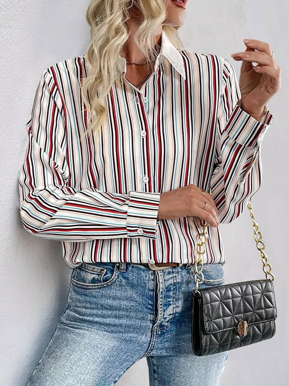 Contrast Striped Collared Neck Long Sleeve Shirt, image 6