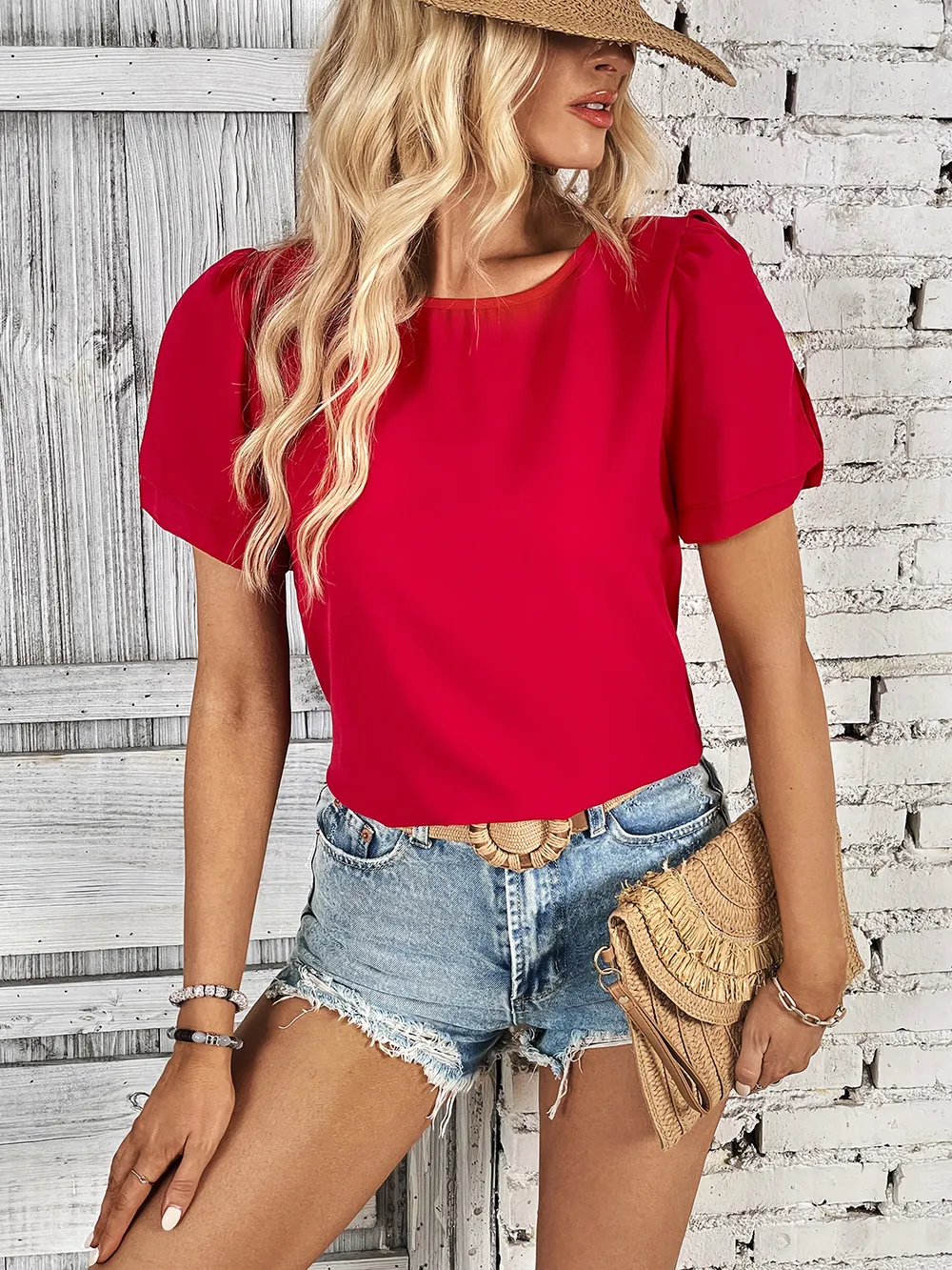 Round Neck Slit Short Sleeve Top, image 3
