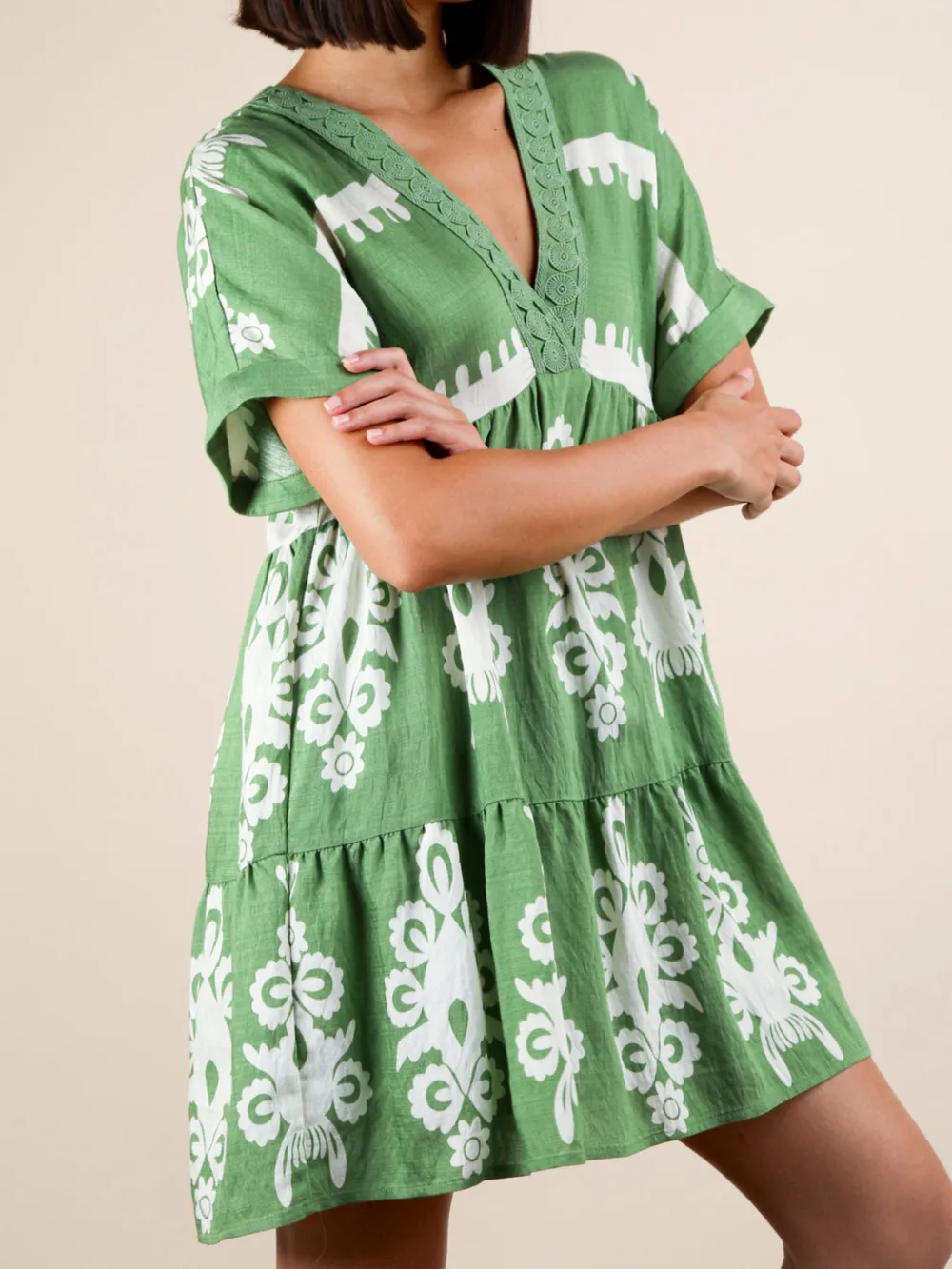 Printed V-Neck Short Sleeve Mini Dress, image 13