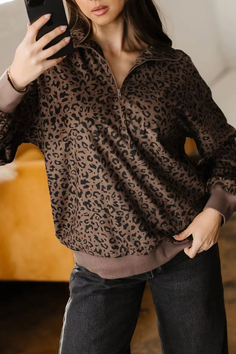 Leopard Print Quarter-Zip Sweatshirt, image 7