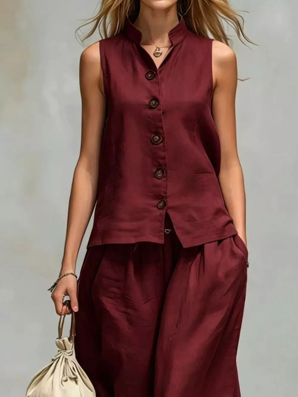 Sleeveless Button-Down Top and Wide-Leg Pant Set, image 10