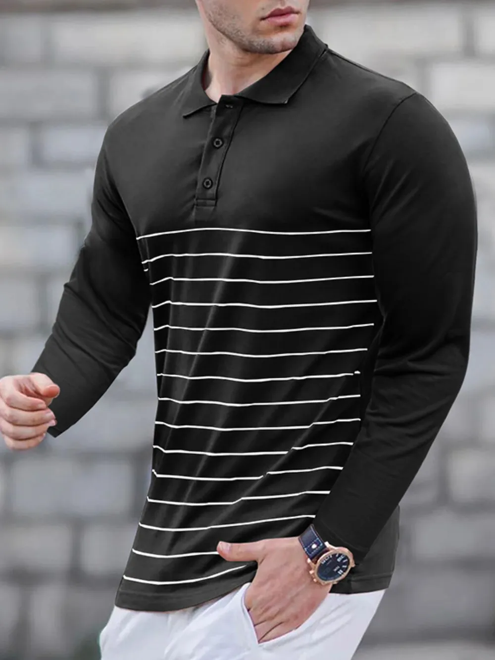 Men's Striped Long Sleeve Polo Shirt, image 7