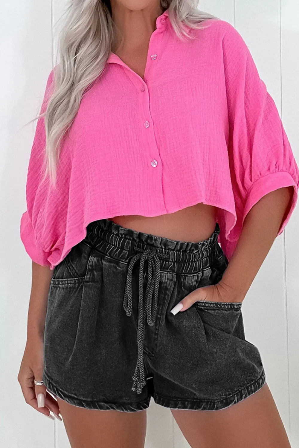 Drawstring High Waist Denim Shorts with Pockets, image 7