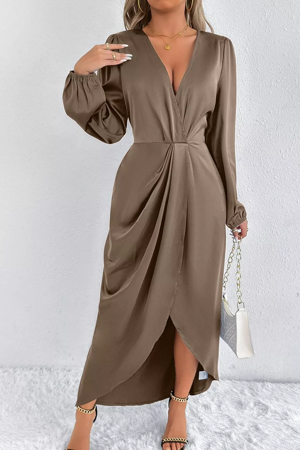 Satin Balloon Sleeve Midi Dress, image 25