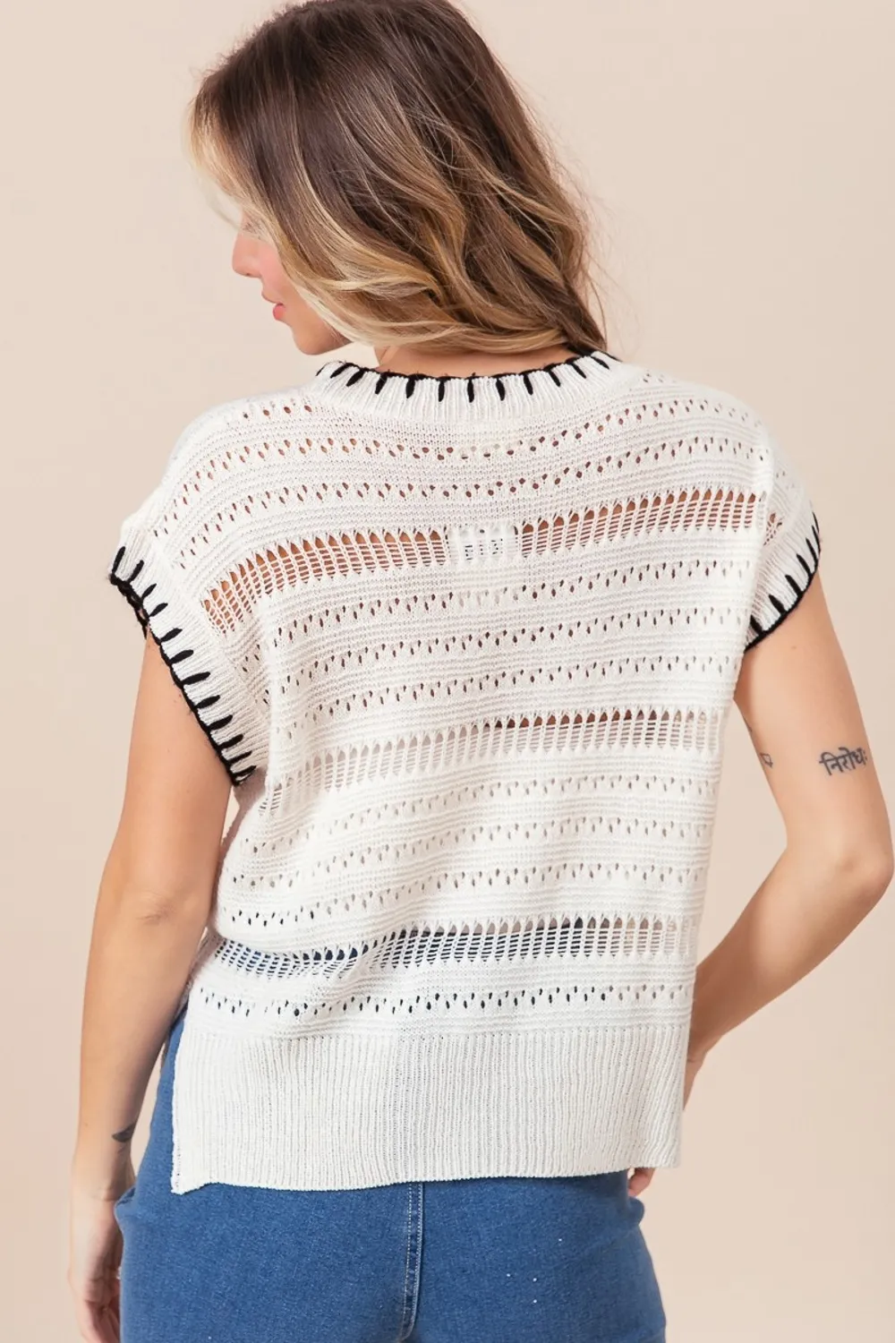 Stitch Edge Pointelle Side Slit Sweater Vest, image 2