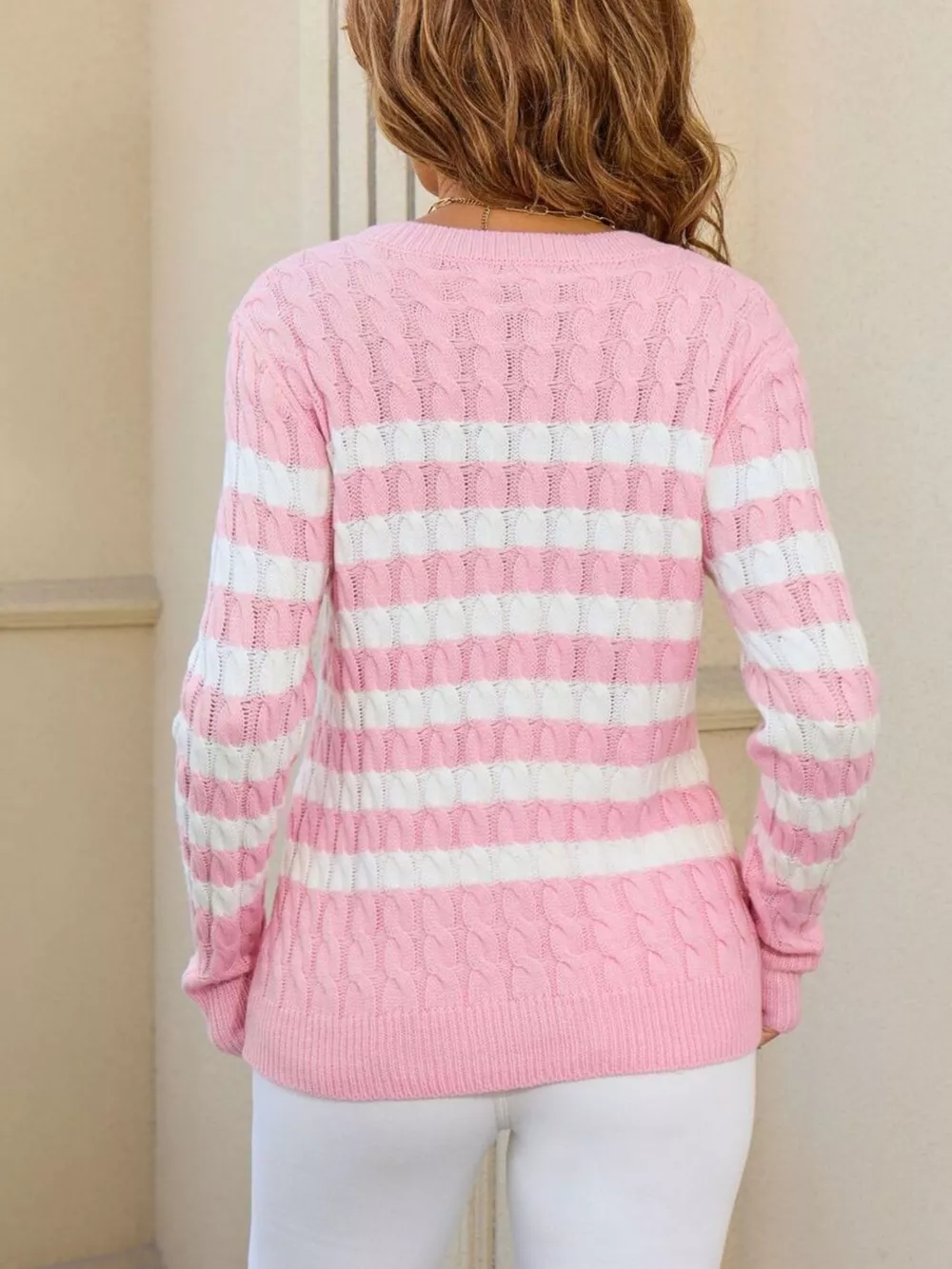 Striped Cable Knit Round Neck Sweater, image 14