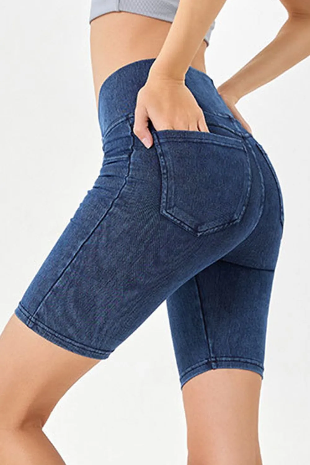 Asymmetrical Waist Denim Shorts with Pockets, image 9