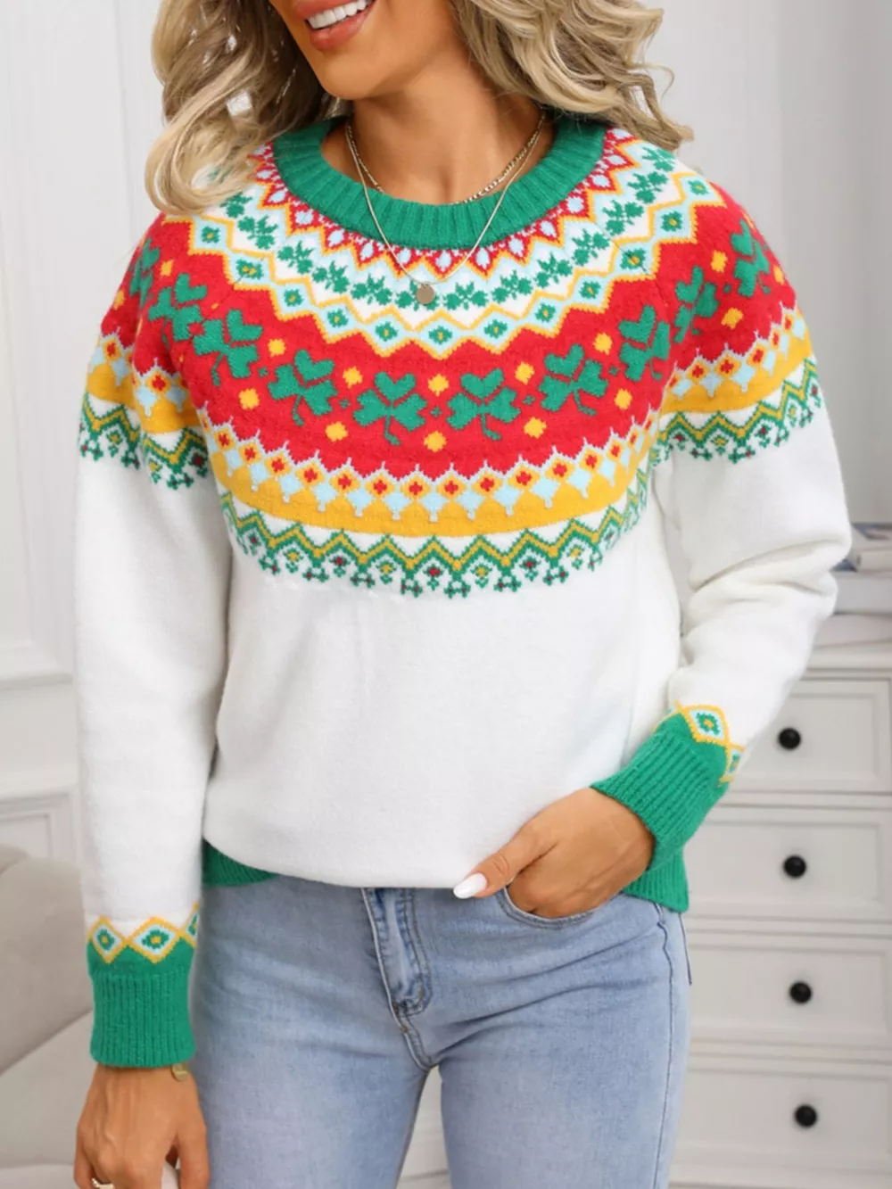 Clover Pattern Round Neck Knitted Sweater, image 4