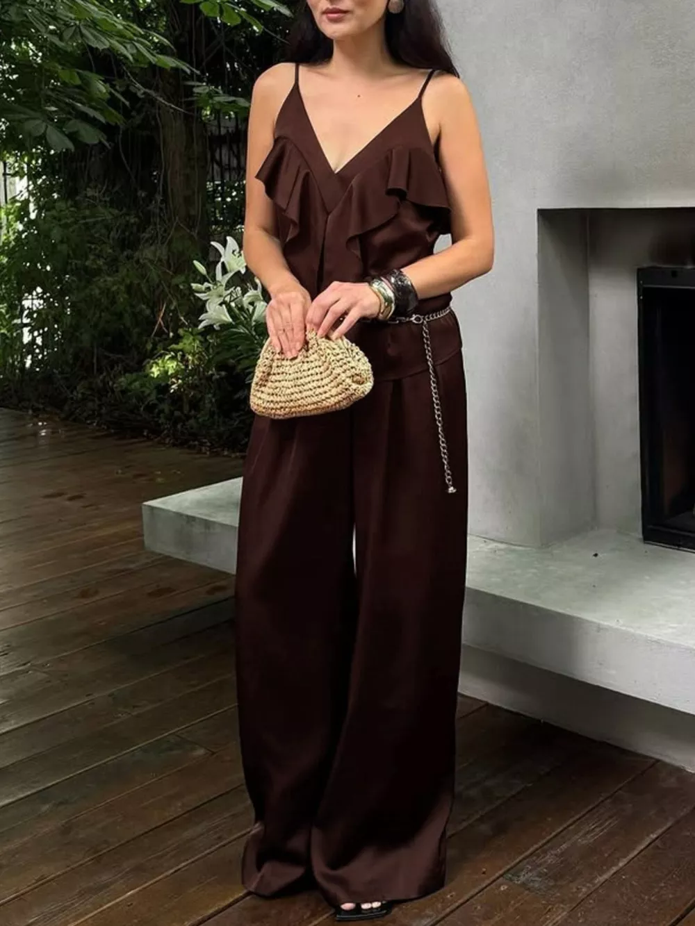 Ruffle V-Neck Cami and Wide-Leg Pants Two-Piece Set, image 2