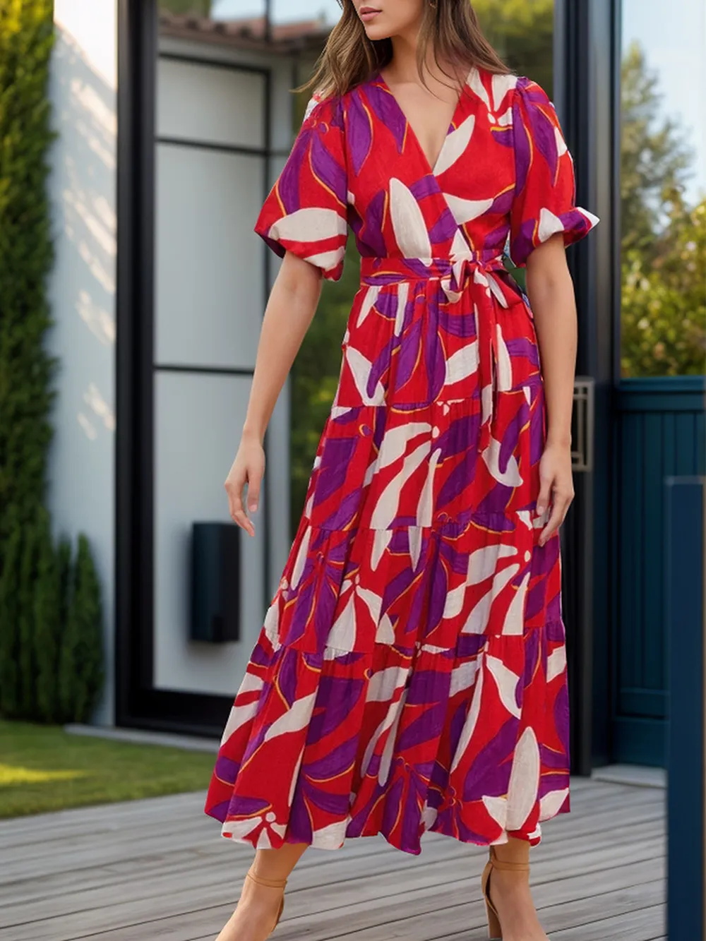 Tied Slit Printed Half Sleeve Midi Dress, image 2