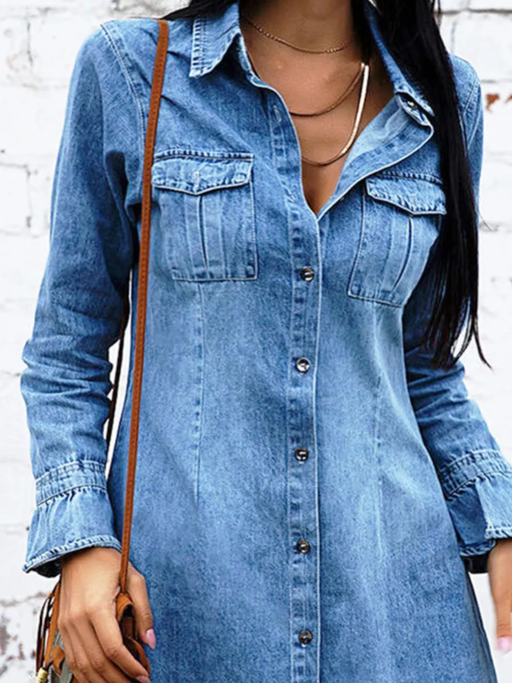 Button Front Long Sleeve Denim Dress, image 2