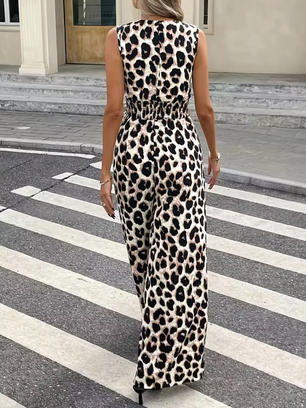 Sleeveless V-Neck Leopard Print Wide Leg Jumpsuit, image 9