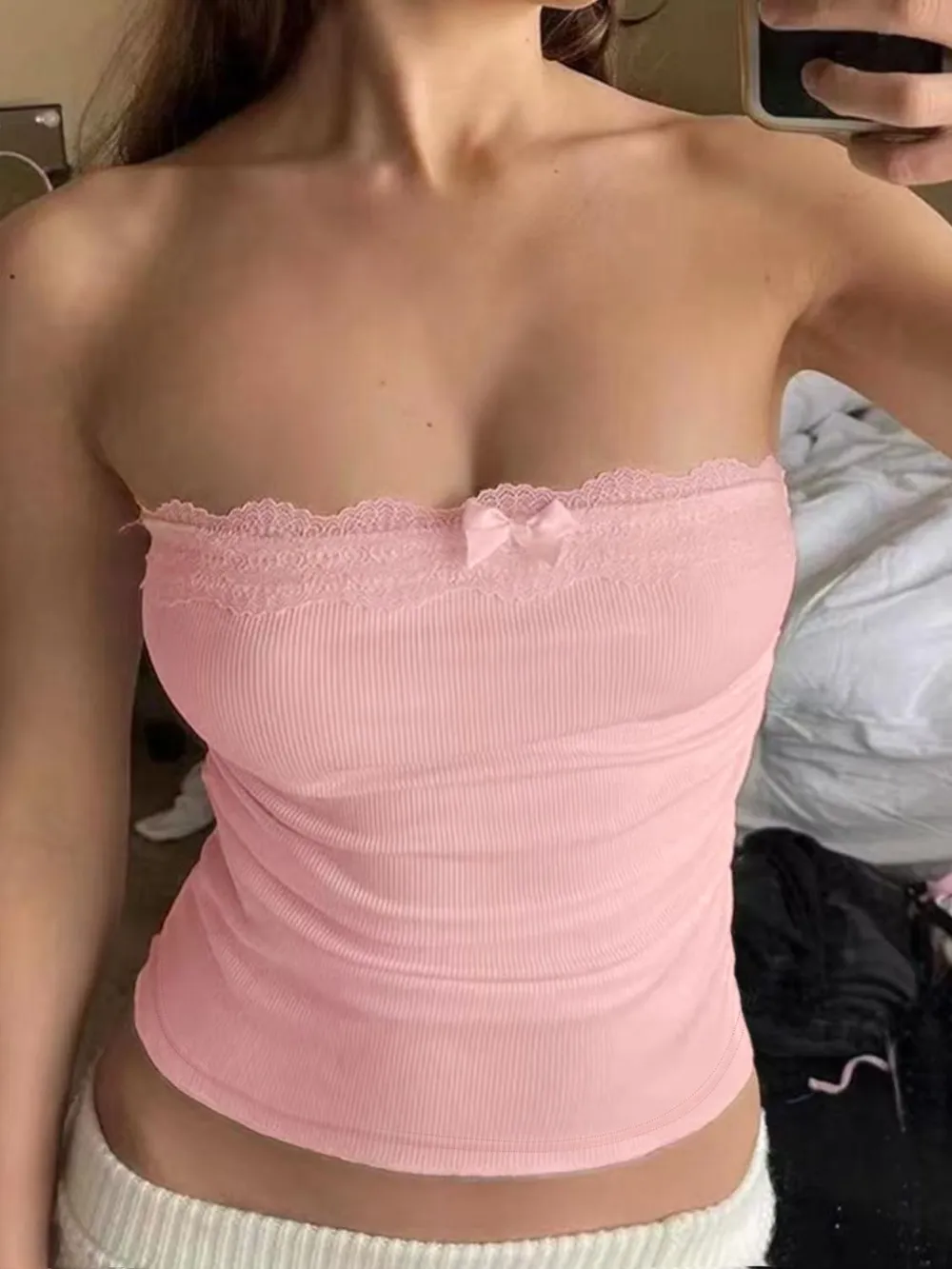 Lace Detail Bow Tube Top