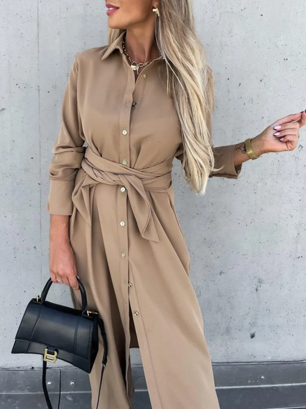Button Front Long Sleeve Shirt Dress, image 4
