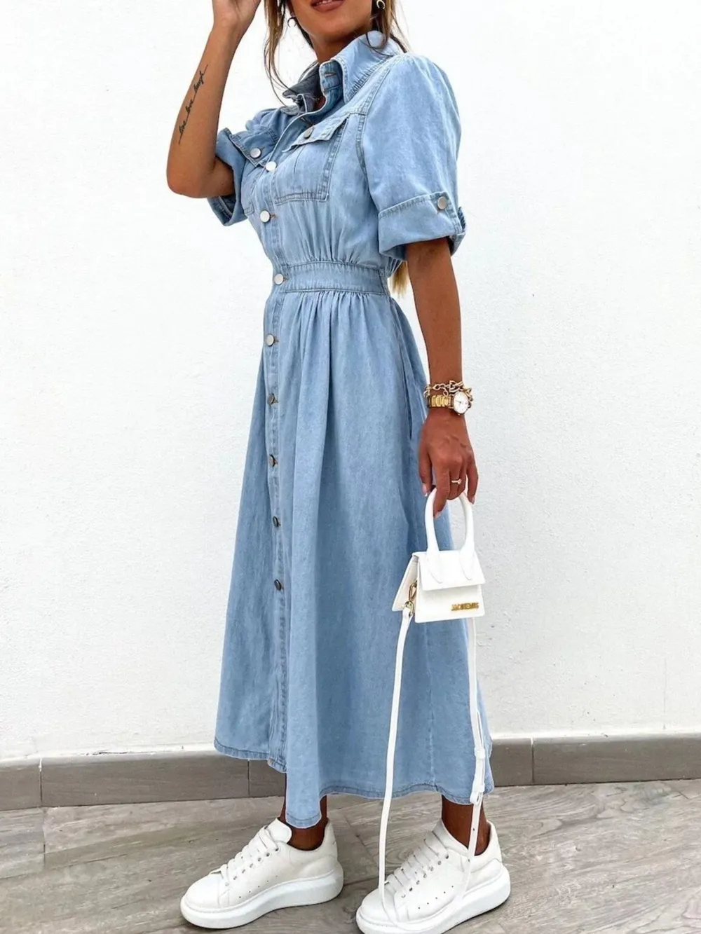 Full Size Button Down Roll-Up Sleeve Denim Shirt Dress Plus Size, image 5