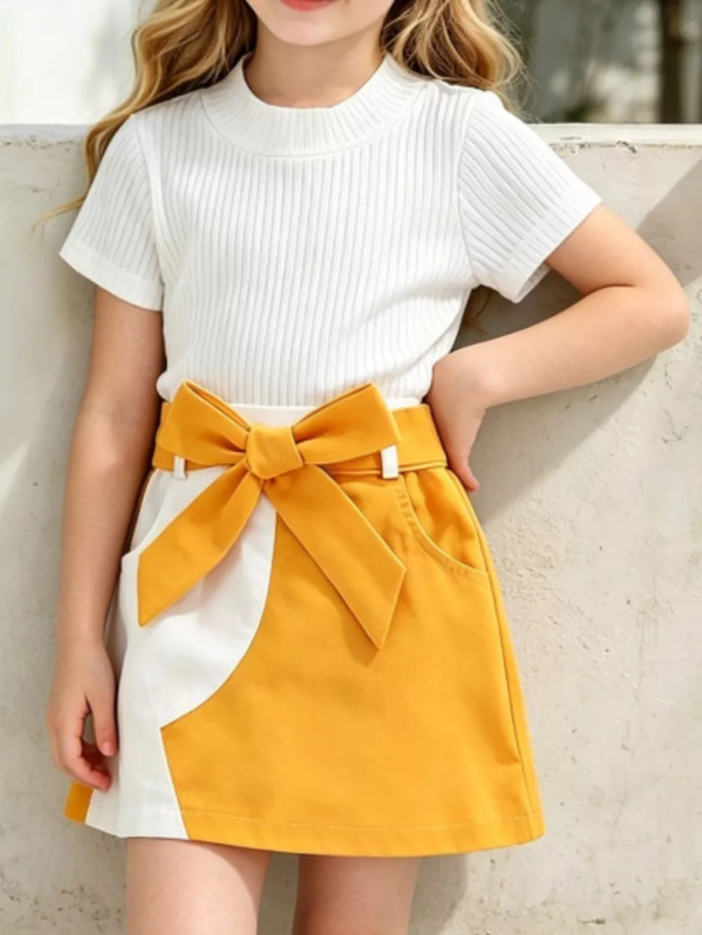 Children's Ribbed Knit Top & Bow Decor Skirt Set, image 10