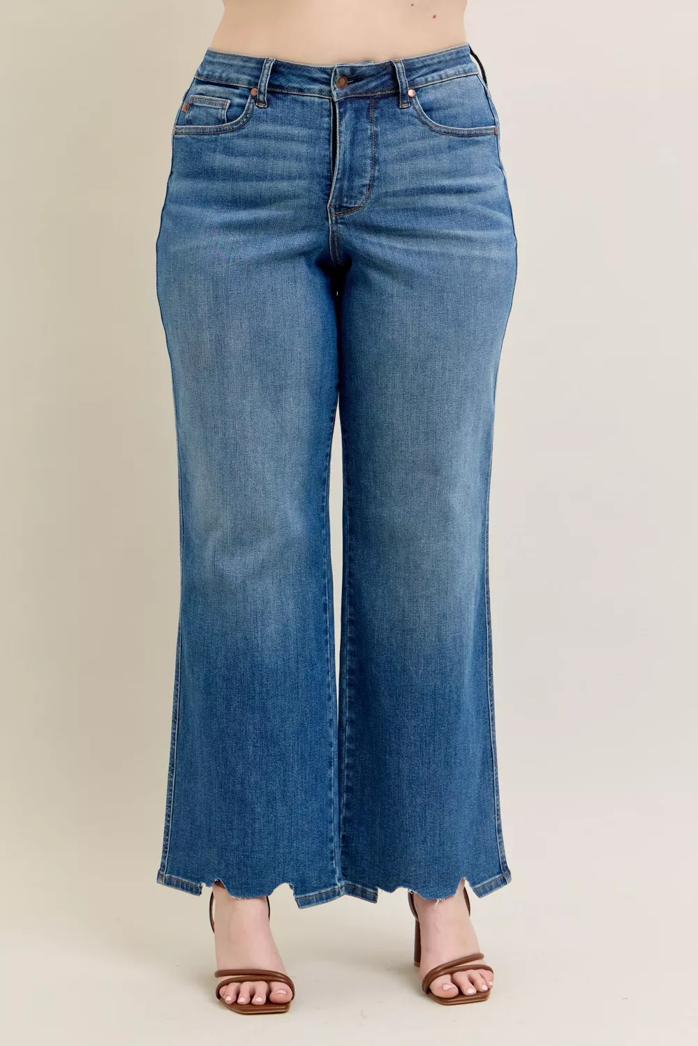 Full Size High Waist Tummy Control Chew Hem Destroy Wide Jeans Plus Size, image 5
