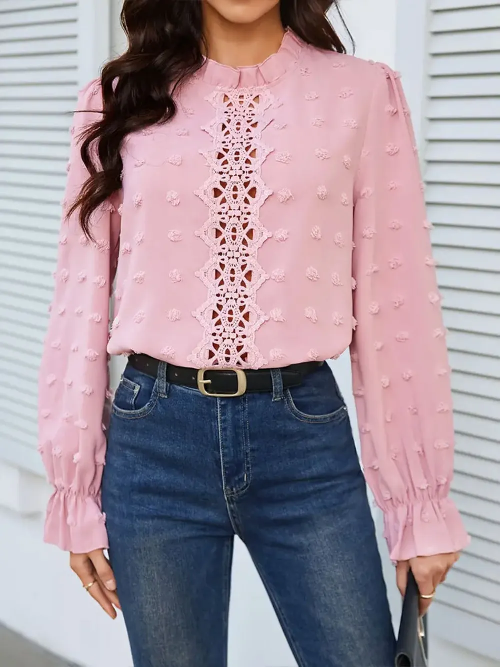 Swiss Dot Mock Neck Flounce Sleeve Blouse, image 5