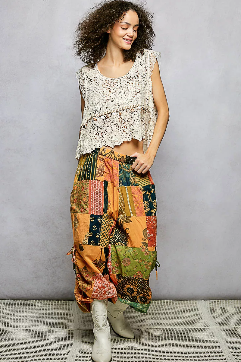 Printed Patchwork Wide Leg Pants with Adjustable Side Drawstring, image 7