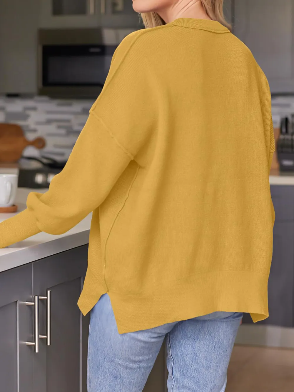 Slit Round Neck Dropped Shoulder Sweater, image 28