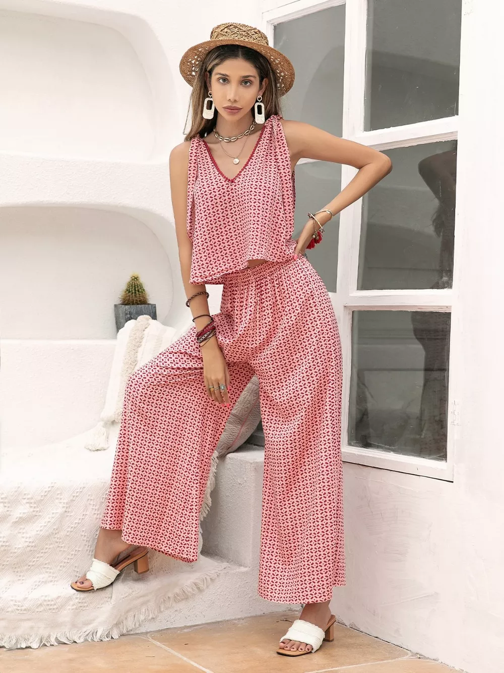 Gingham Tie Shoulder Top and Pants Set, image 4