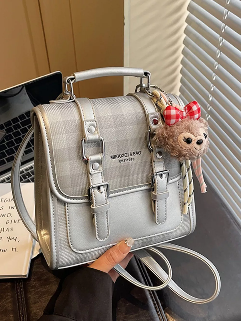 Plaid Backpack Bag with Charm, image 2