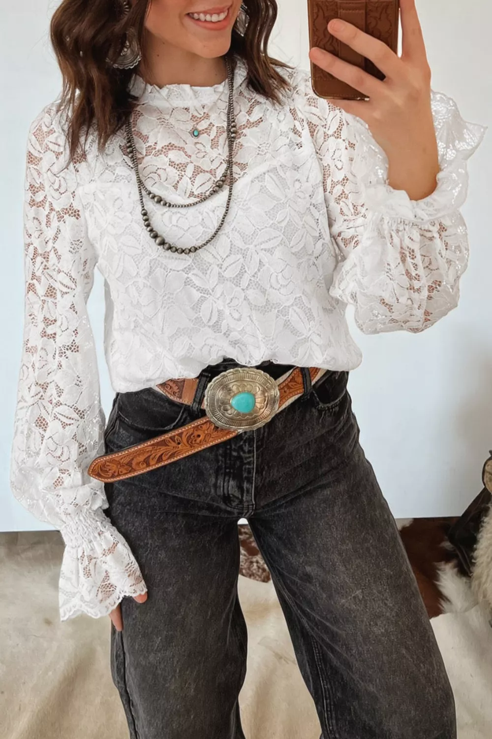 Ruffled Round Neck Long Flounce Sleeve Sheer Lace Blouse, image 2