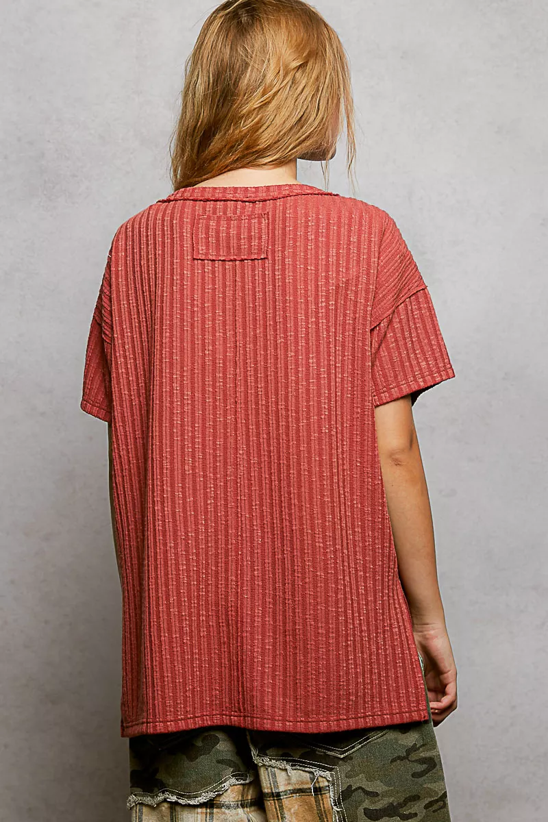 Ribbed Knit V-Neck Short Sleeve T-Shirt with Side Slit, image 5