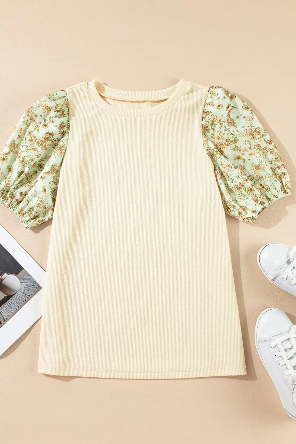 Floral Puff Sleeve Ribbed Blouse, image 4