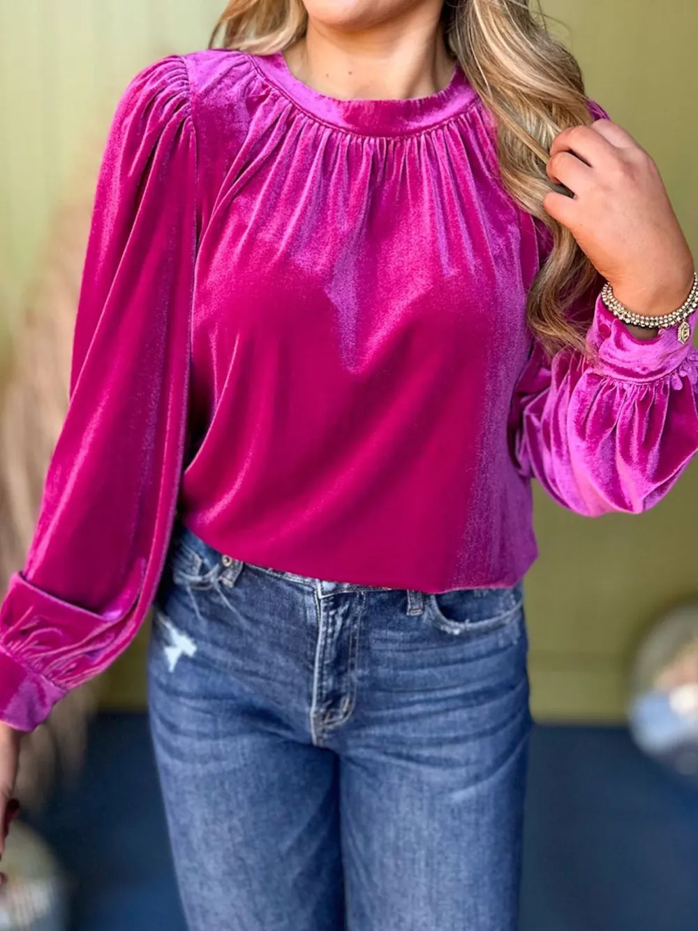 Ruched Round Neck Long Sleeve Blouse, image 12