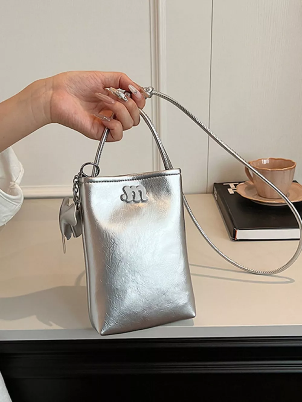 Minimalist PU Leather Crossbody Bag with Elephant Charm, image 8