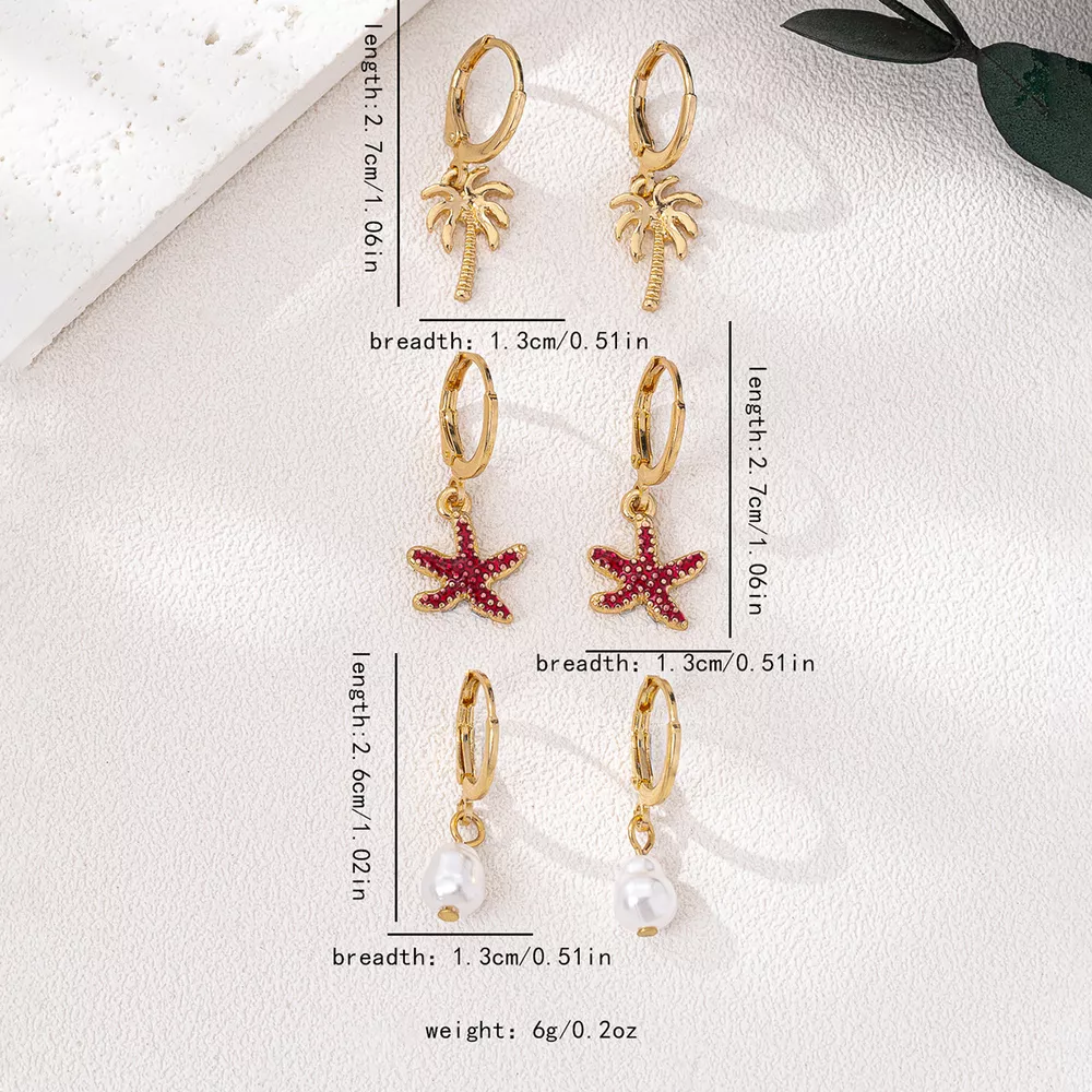 3-Pair 18K Gold-Plated Alloy Drop Earrings, image 5