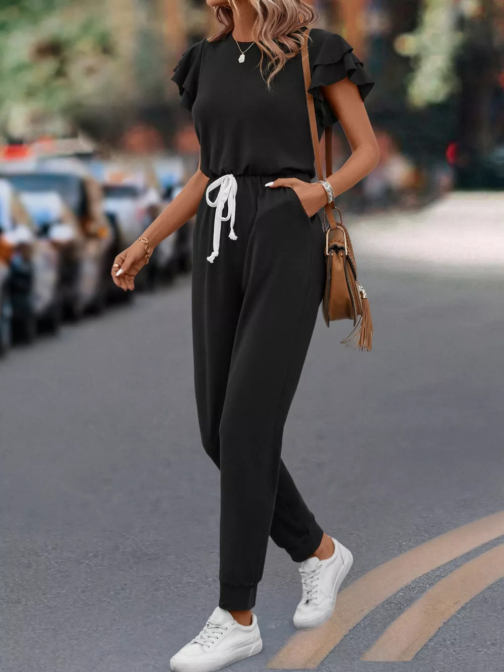 Ruffle Sleeve Drawstring Waist Casual Jumpsuit, image 4