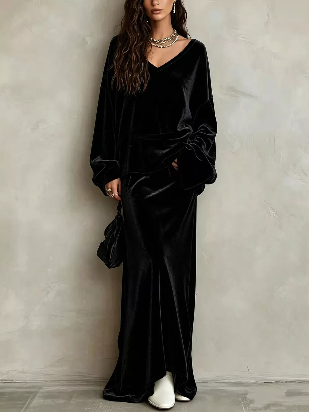V-Neck Velvet Long Sleeve Top and Maxi Skirt Two-Piece Set, image 7