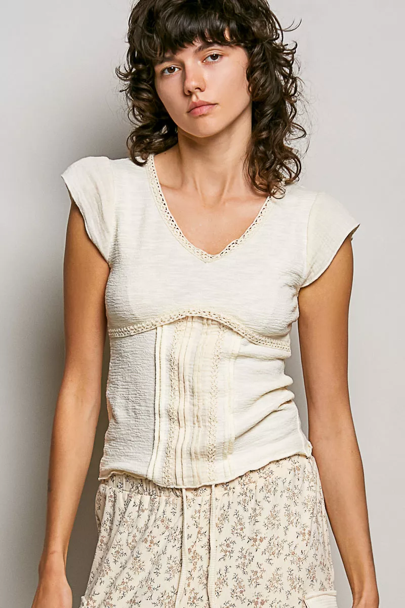 V-Neck Lightweight Textured Short Sleeve Knit Top with Lace Trim