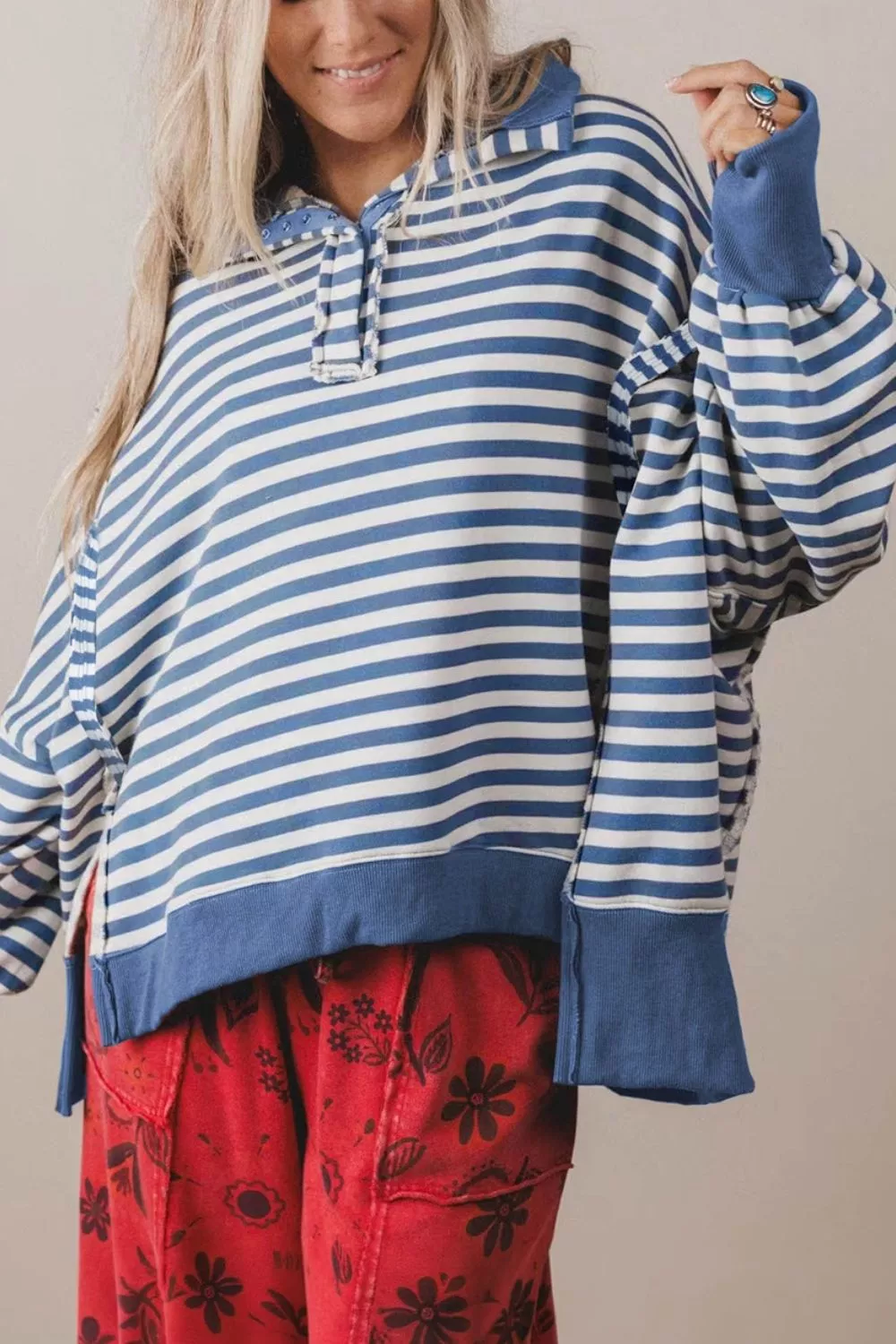 Stripe Color Block Trim Raw Seam Split Hem Loose Sweatshirt, image 3