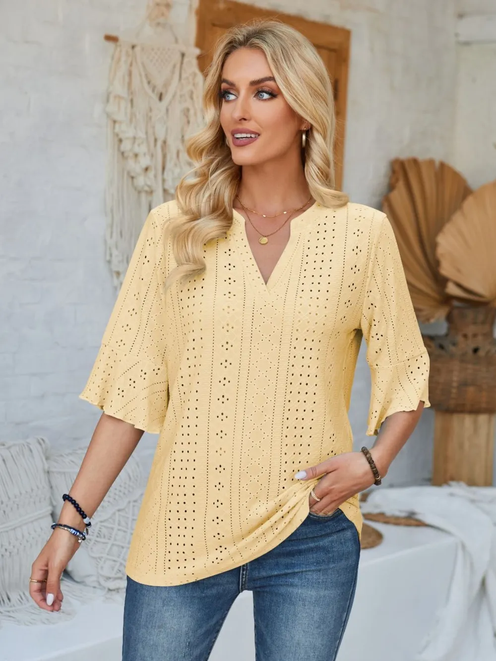 Eyelet Notched Half Sleeve T-Shirt, image 3