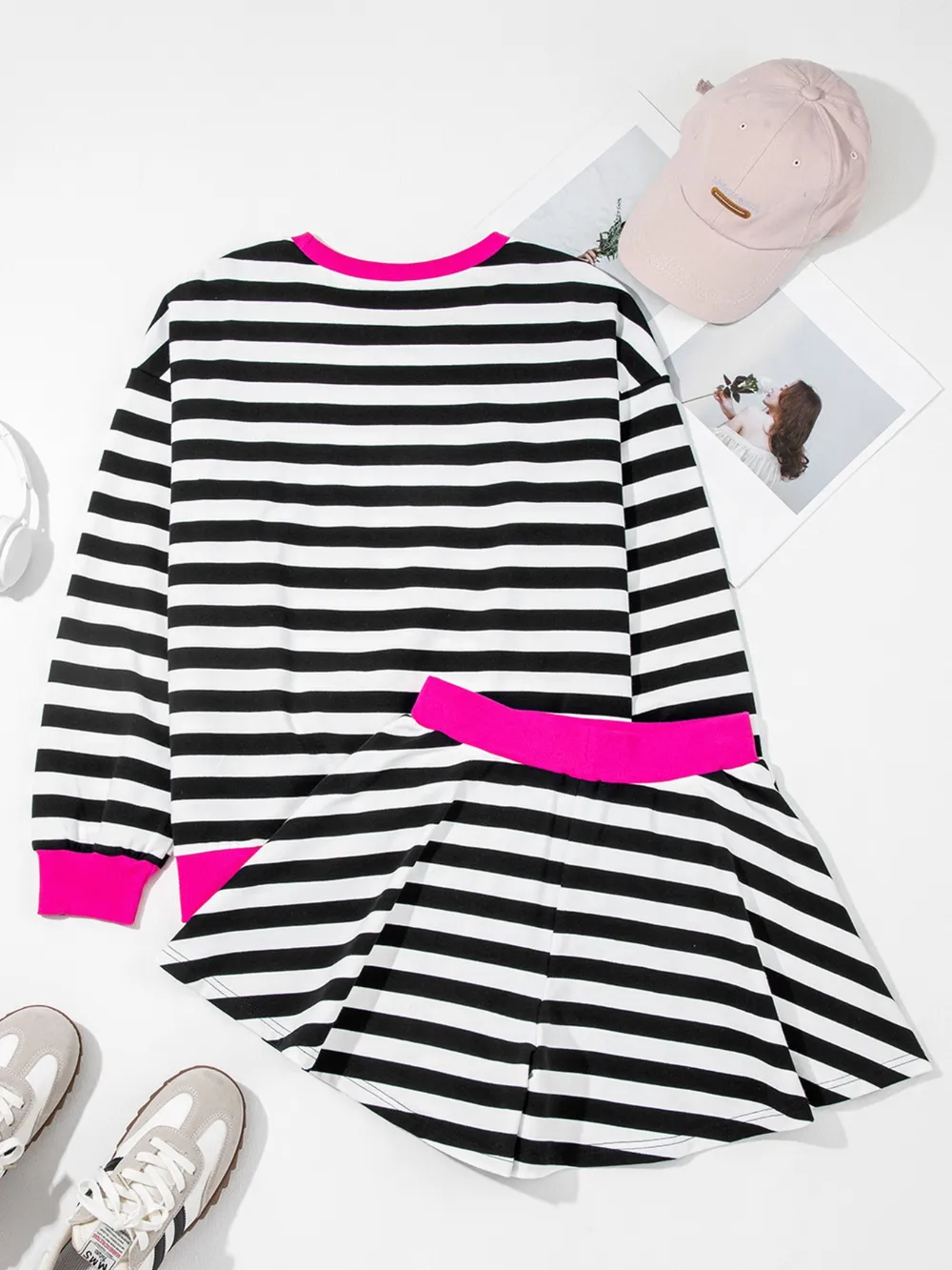 Stripe Contrast Ribbed Banding Long Sleeve Blouse and Loose Shorts Set, image 5