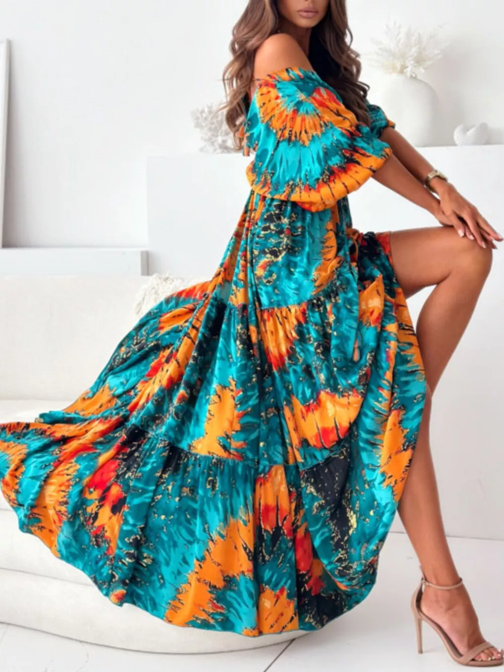 Printed V-Neck Balloon Sleeve Slit Maxi Dress, image 12