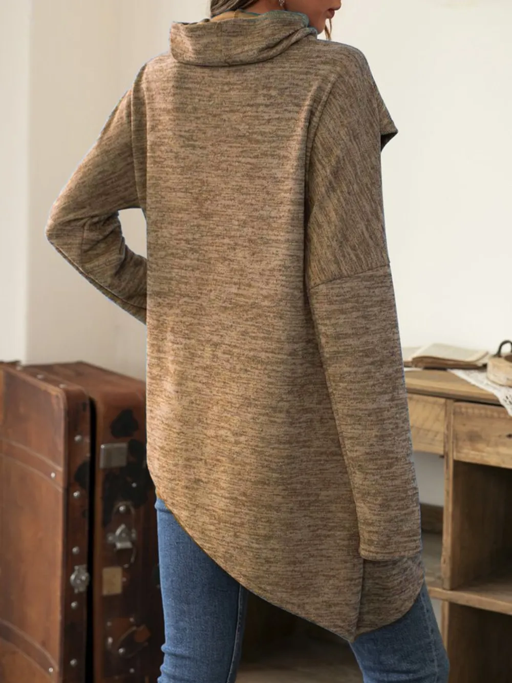 Asymmetrical Hem Cowl Neck Long Sleeve T-Shirt, image 14