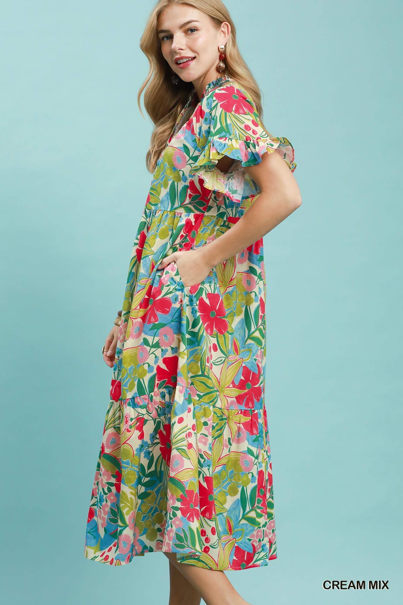 Tropical Floral Ruffle Sleeve Tiered Midi Dress, image 2