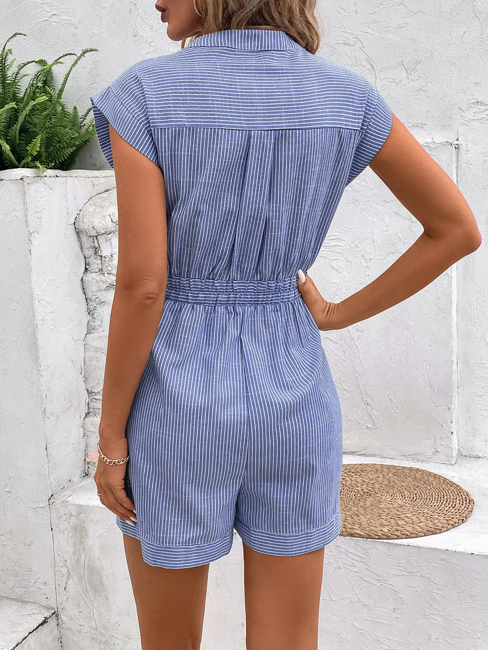 Striped Notched Tie Waist Romper, image 6