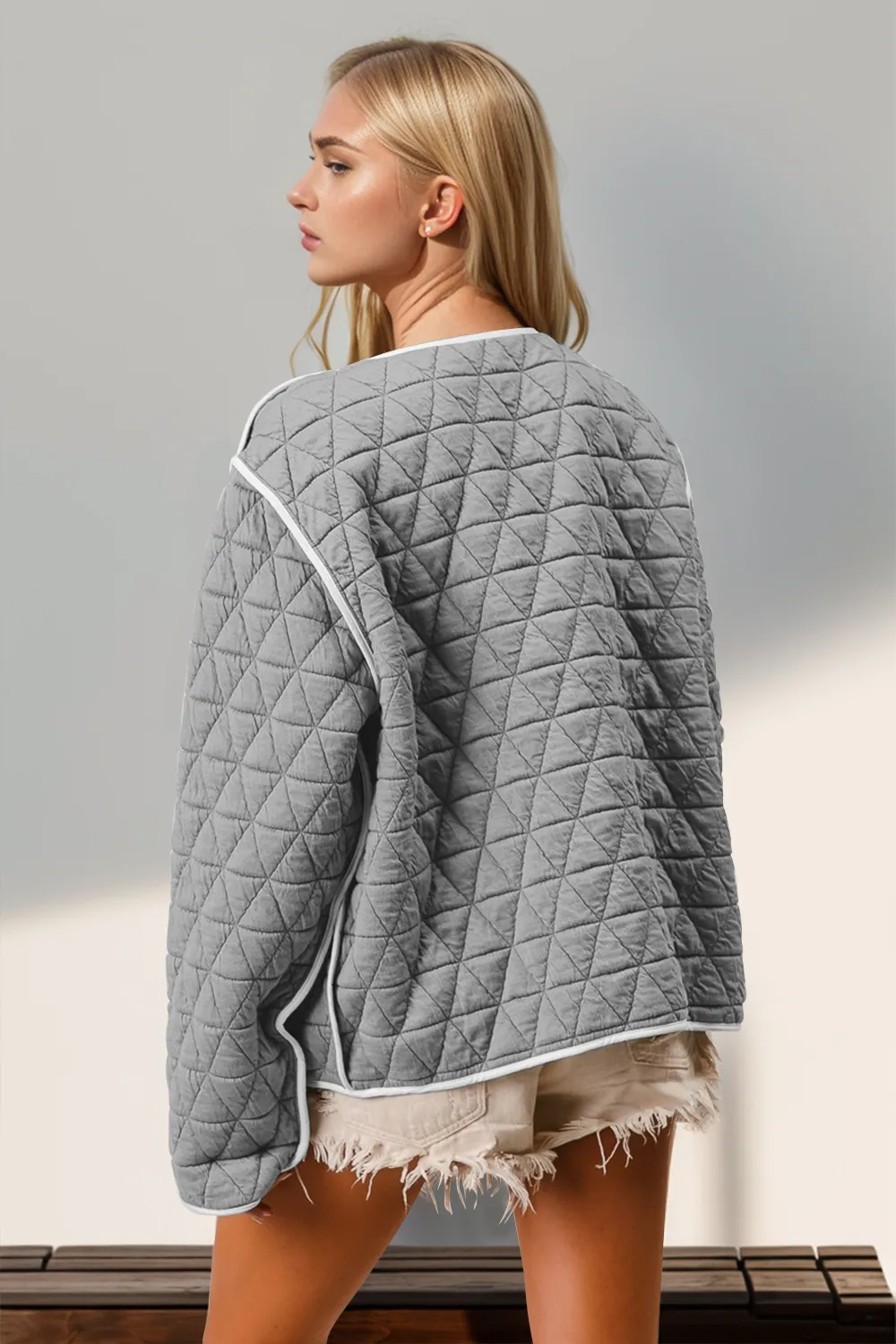 Contrast Trim Tie Front Quilted Jacket with Pockets, image 2