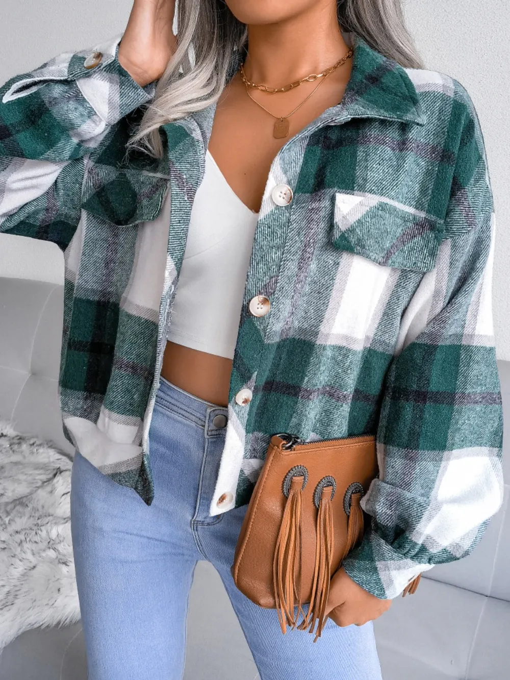 Plaid Collared Neck Long Sleeve Jacket, image 12