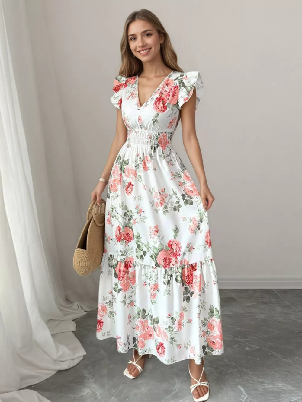 Floral Print Ruffle Sleeve Tiered Maxi Dress, image 4